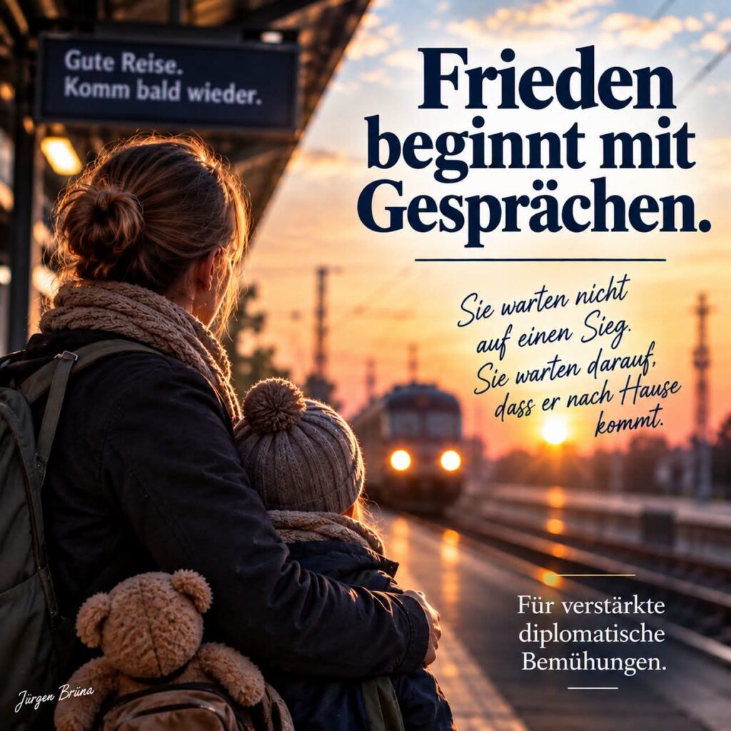 Mutter mit Kind und Teddy am Bahnsteig bei Sonnenuntergang, ein Zug fährt ein – Grafik „Frieden beginnt mit Gesprächen“