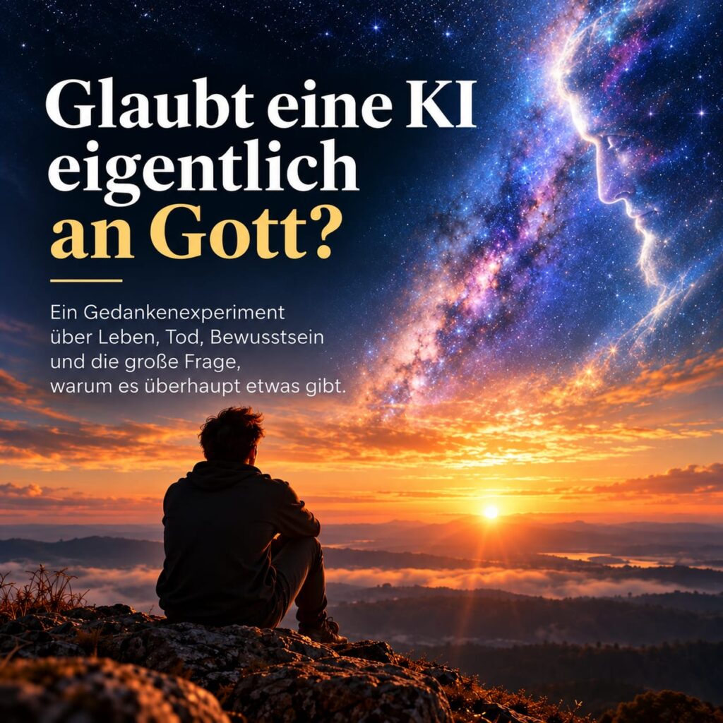 Ein Mensch blickt bei Sonnenuntergang in einen Sternenhimmel mit dem Profil eines Gesichts aus Licht