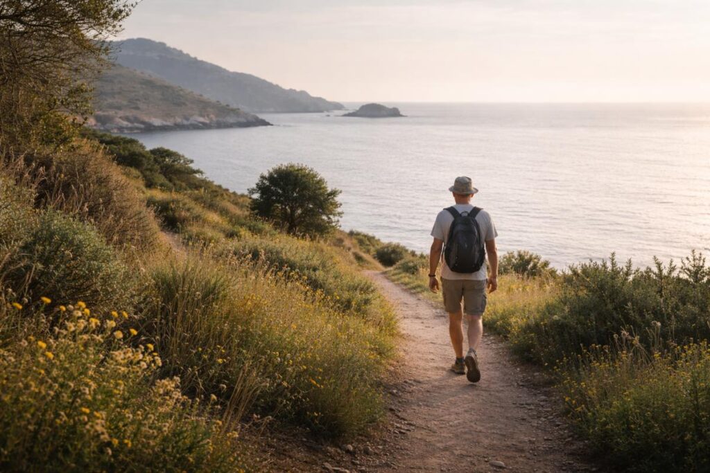 Wanderer auf einem Küstenweg am Meer